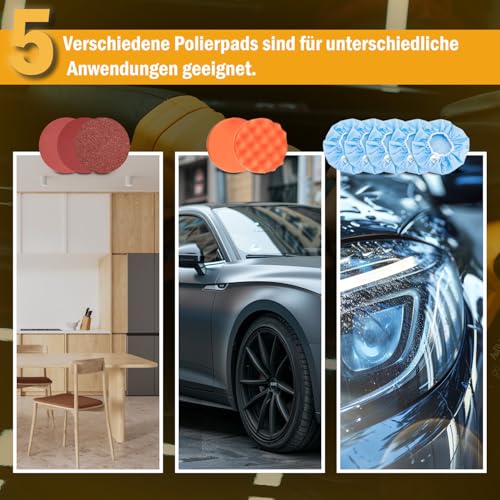 AUTIWOZ 21V Akku Poliermaschine Auto,Exzenterpolierer Orbit 9mm,Professionell Puffer/Polier mit 2 Batterien,6 Geschwindigkeit 2800-5800RPM,Polierte Polieren Auto Boot Motorrad,125mm Polierschwamm