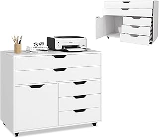 KOMFOTTEU Arquivo móvel com 5 rodas, suporte para impressora com 5 gavetas em 2 tamanhos e armário com porta, armário de armazenamento para escritório, cómoda de secretária para casa, 77,5 x 40 x 64