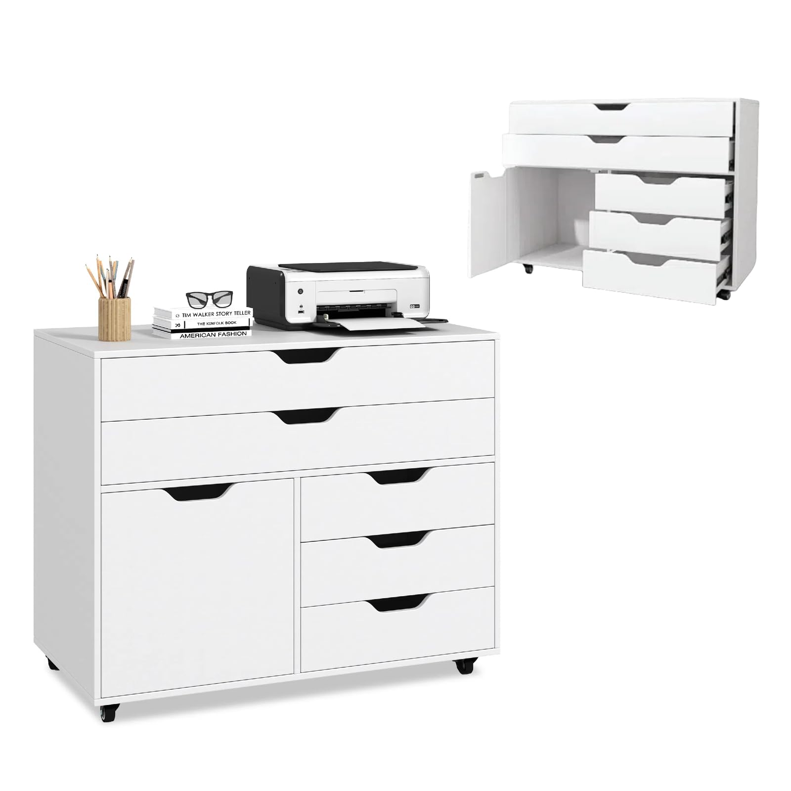 KOMFOTTEU Armadietto portaoggetti, 5 cassetti in 2 dimensioni, scatola portaoggetti mobile con armadio ad ante, mobile da ufficio, 5 ruote universali, 77,5 x 40 x 64 cm, bianco