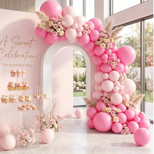 Image of RUBFAC 135pcs Pink Balloons Different Sizes 18 12 10 5 Inches for Garland Arch, Pink Balloons for Valentine's Day Birthday Baby Shower Gender Reveal Wedding Party Decoration