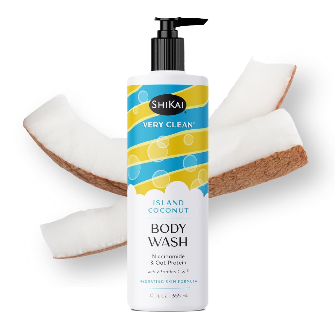 ShiKai Very Clean Body Wash (Island Coconut, 12 oz) | Hydrating Gel Cleanser for Dry Skin | With Niacinamide, Oat Protein, Vitamins C & E