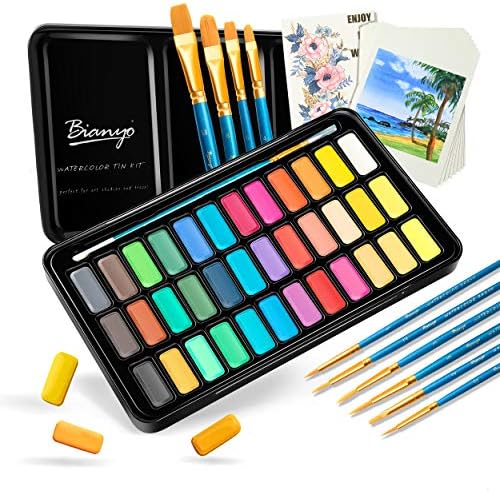 Bianyo 36 Colors Watercolor Paint Set with 10+1 pcs Watercolor Brushes, 8 pcs Watercolor Paper, a Watercolor Paper Swatch and a Zipper Pouch
