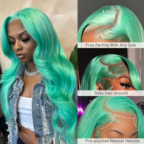 Image of Mink Green Straight Human Hair Wig 26inch Green Lace Front Wig 200% Density | 13x4 UHD Transparent Lace Front Human Hair Wig 100% Virgin Brazilian Straight Hair Green Lace Front Wigs Human Hair For Women
