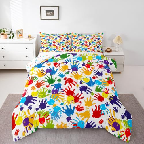 Image of Feelyou Cute Handprint Bedding Set Kids Boys Girls Watercolor Rainbow Comforter Set King Size Modern Duvet Insert Colorful Hand Shapes Abstract Decoration