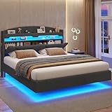 Floating Queen Bed Frame with Charging Station & Hidden Storage Headboard, RGB Floating Platform Bed, No Box Spring Needed, Dark Grey