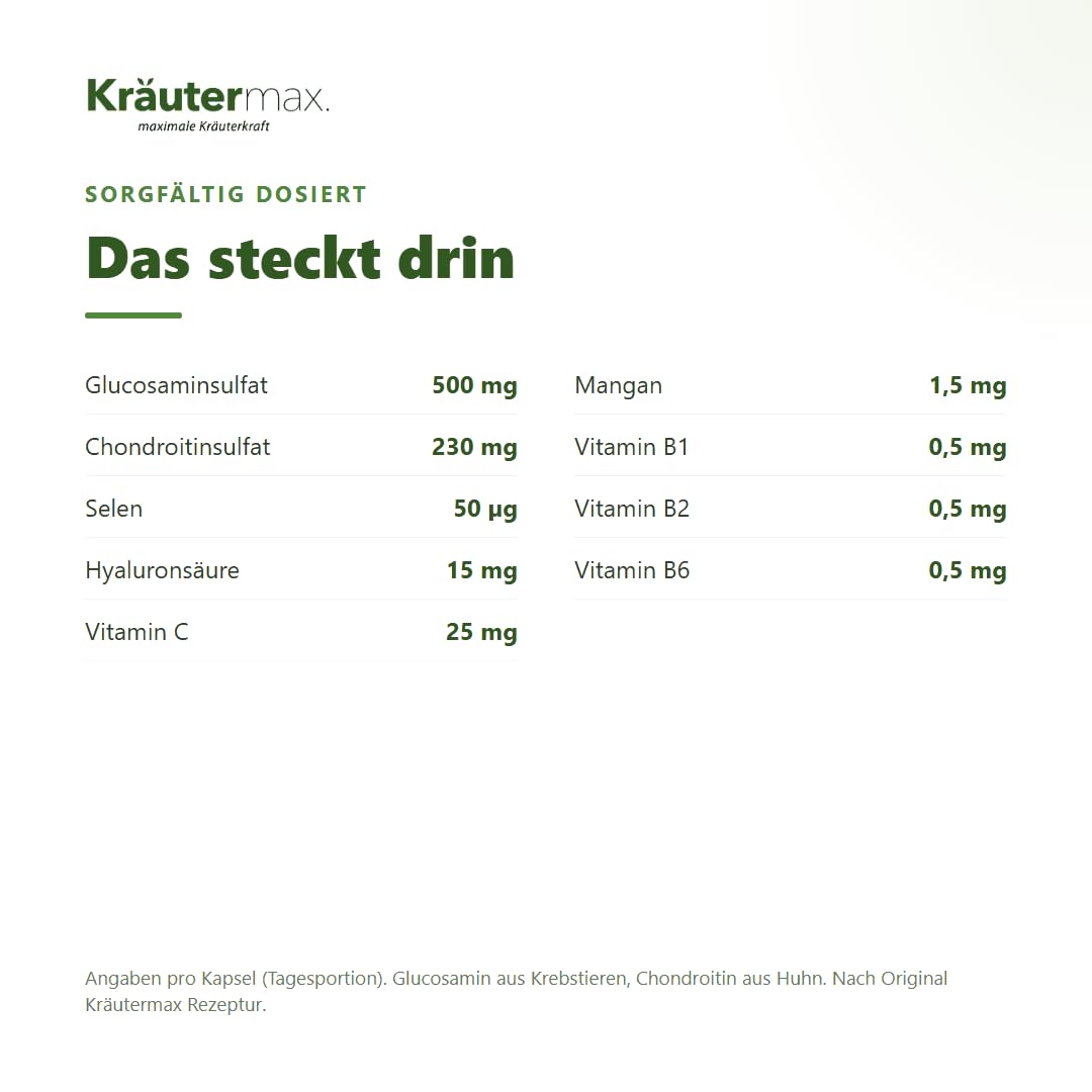Kräutermax Gelenkkapseln Hochdosiert, mit Glucosamin, Chondroitin, Mangan, Selen, Hyaluronsäure, Vitamin C und B, Gelenk Komplex Kapseln, 50 Kapseln