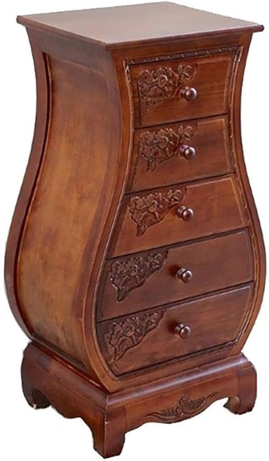 Pemberly Row 5-Drawer Bombe Chest, 30" H x 16" W x 12" D, China Oak Hardwood, Walnut Stain Finish, Hand-Carved Design, Contemporary Accent Storage Chest for Bedroom or Living Room