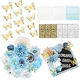 JarThenaAMCS Graduation Cap Decorations Kits Faux Assorted Flowers 3D Butterfly Stickers Glitter Rhinestones Alphabet Letter Number Decals for Grad Cap 2025 Graduation Party Supplies(Blue Flower)