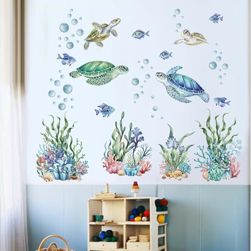 Sea Turtle Wall Decals for Kids: Peel and Stick Under The Sea Marine Fish Ocean Wall Stickers for Baby Nursery Bedroom Toddler Room - Children Supplies Ages 1-12 Year Wall Decor