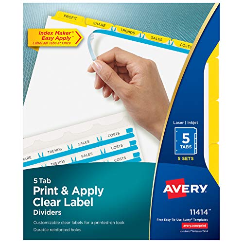 Avery 5-Tab Binder Dividers, Easy Print & Apply Clear Label Strip, Index Maker, Yellow Tabs, 5 Sets (11414) #TOP11