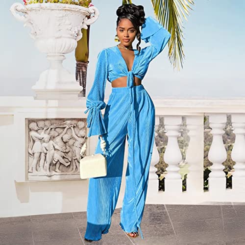 Fastkoala Women's Two Piece Outfits Casual Long Sleeve Tracksuits Sets Sexy Crop Tops Pants Set Sweatsuits Blue L #TOP1