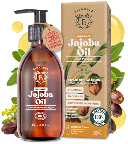 BIONOBLE Organic Jojoba Oil Cold Pressed Unrefined - Balances Sebum, Smoothes, Anti-Acne - 100% Pure Jojoba Oil for Skin, Face, Hair, Body - Vegan, Hexane Free - Glass Bottle and Pump - 200ml