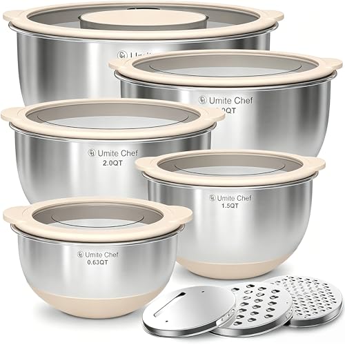 Mixing Bowles Set with Lids Set - Warp-Proof TPR-AS Lids, Stainless Steel Mixing Bowl with 3 Graters...