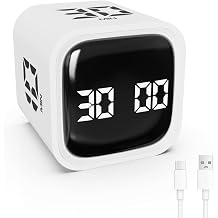 Digital Cube Productivity Timer - Rotating Pomodoro Timer with Gravireceptor, 5-10-30-60 Minutes, Custom Countdown, Vibration & Volume Adjustable for Learning Office Kitchen Desk White