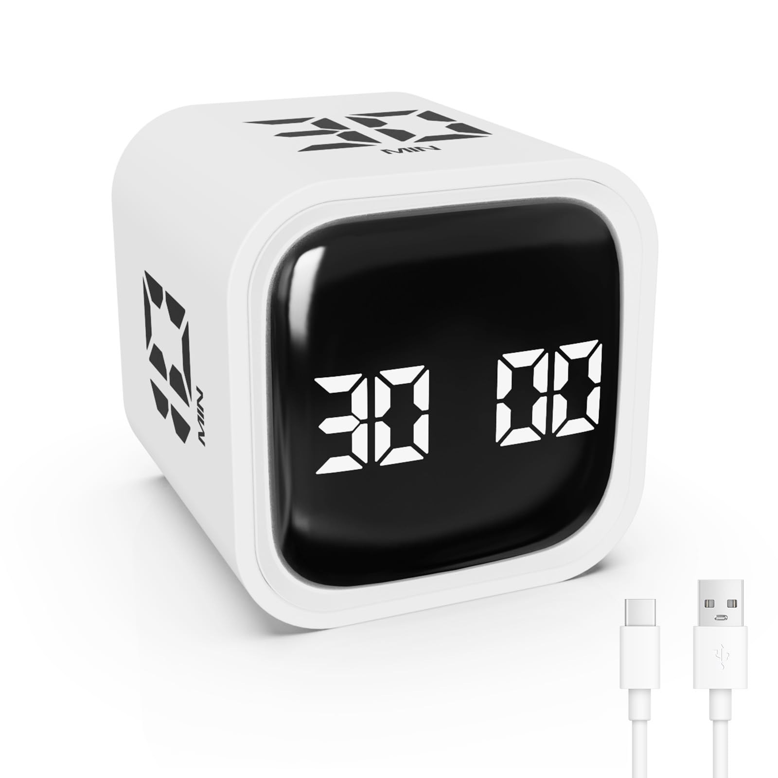 Foyucool Cube Timer, Rotation Time Timer for Adults, 5-10-30-60 Minutes & Custom Countdown, Vibration & Adjustable Volume Alert, Digital Visual Timer for Classroom Study Office Kitchen Desk, White