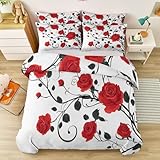 Blanquecino Reversible Juego de Funda Cama 90, Romántico Floral Rosa Roja Juego de Cama Estampado, Funda nórdica de Microfibra Suave para Adolescentes niñas y niños - 150 x 220 cm