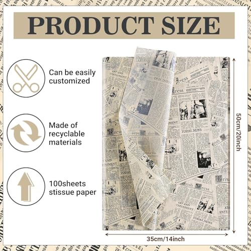 Bolsome 100 Sheets 20 * 14 Inches Vintage Newspaper Tissue Paper for Gift Wrapping Black White Newsprint Tissue Paper for Gift Bags for Birthday Wedding Anniversary DIY Craft (Yellow)