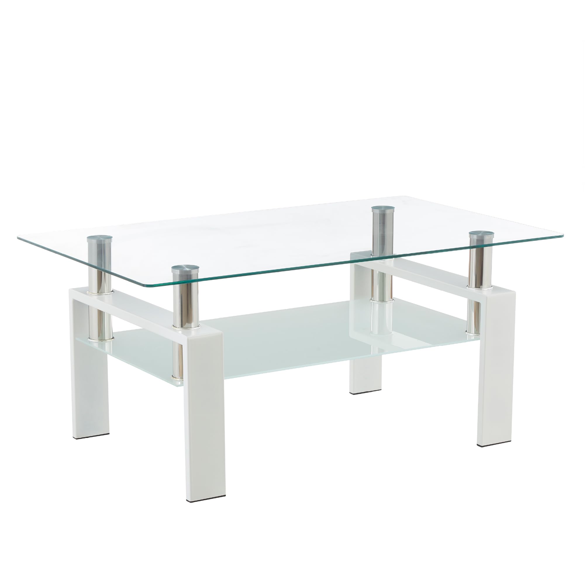 Mesa de Centro 100 x 60 x 44 cm Porter, Mesa de Cafe Rectangular con Vidrio Templado Transparente 6 mm y Estructura Blanca, diseño Elegante, para salón y Zona Lounge