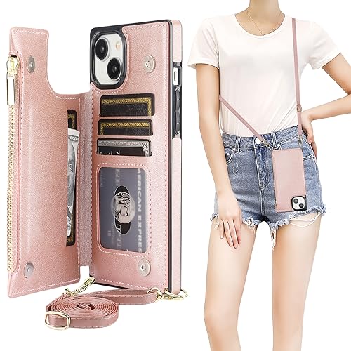 Bocasal Crossbody Wallet Case for iPhone 15 Plus with RFID Blocking Card Slot Holder, Magnetic Flip Folio Purse Case, PU Leather Zipper Handbag with Detachable Lanyard Strap 6.7 Inch 5G (Rose Gold)