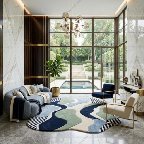 Image of SWEET HOMES Rugs for Hall Irregular Area Carpets | Soft & Fluffy shag, 9 x 13 Feet (274 x 396 cm), Sky Blue & Ivory