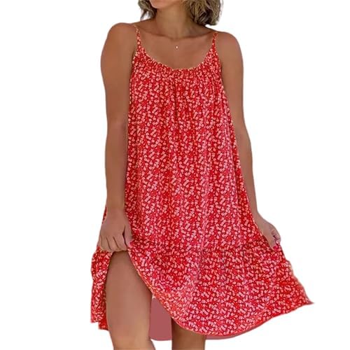 AELSON Women's Summer Casual Dress Floral Printed Sleeveless Mini Dress Spaghetti Strap Beach Dresses Red