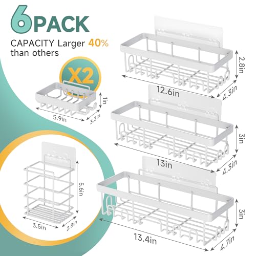 Veken 6-Pack Rustproof Waterproof Shower Caddy, Adhesive Shelves Rack with Soap Holder, Large Bathroom & Washroom Organizer, No Drilling Wall-Mounted Kitchen & Home Decor, Ideal for Bathtub Storage