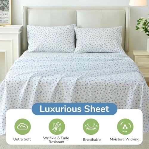 Image of MUXHOMO Queen Size 4 Piece Sheet Set, Soft Breathable Bed Sheet Set for Bedroom with Deep Pocket Up to 16 inch, Wrinkle-Free & Cooling Bedding for Oeko-TEX Certified - Floral Blue