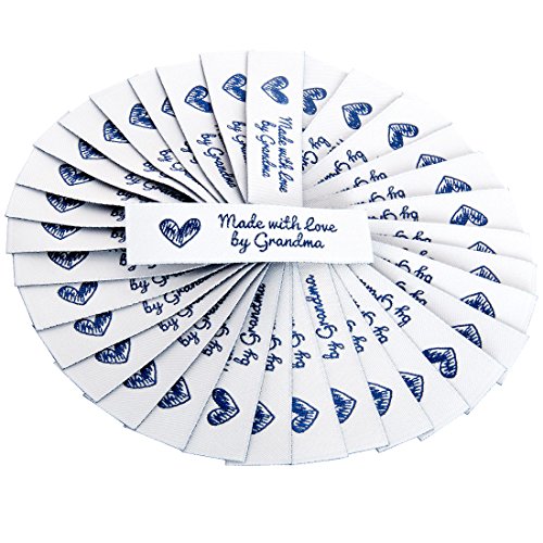 Wunderlabel Made with Love by Grandma Crafting Fashion Granny Grandmother Woven Ribbon Tag Clothing Sewing Clothes Garment Fabric Material Embroidered Label Labels Tags, Blue on White, 100 Labels