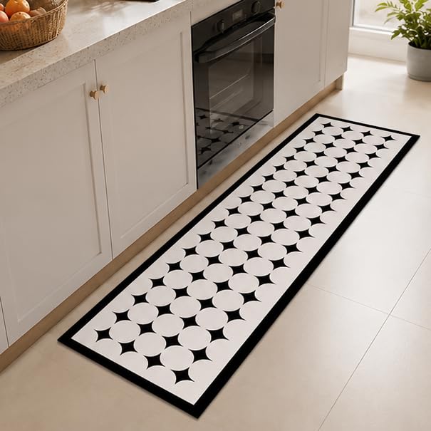 Image of HomeCloud Rubber Kitchen Mats for Floor Set of 2 Pcs | Non-Skid, Soft Absorbent Rugs for Kitchen, Laundry, and Hallway | 120x40cm, 40x60cm| 4mm Thickness (Black White Stars)