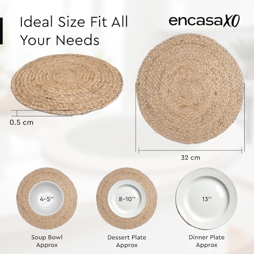 Image of Encasa XO Dining Table Mats Set of 6 | Jute Round Placemat - 32 cm Diameter | Jute Natural Bleach Color | Handmade Style Chargers for Dinner Plates