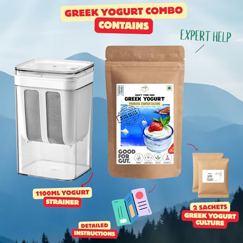 Image of Alla's Posh Flavors COMBO - Greek Yogurt Culture & Yogurt Strainer | Thick, Creamy, Nutrient Rich | 100% Veg | Make Protein Rich Yogurt at Home Easily | Make Batch-after-Batch | Lab Tested Cultures | Great Consistency from First Time (Culture + Strainer)
