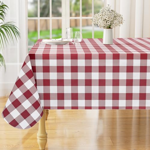 misaya Rectangle Waterproof Vinyl Table Cloth, Buffalo Flannel Backed Tablecloth, Wipeable Plastic Table Cover for Dinner, Kitchen, Outdoor (60" x 120", Burgundy and White) by misaya - Used condition - US$16.79
