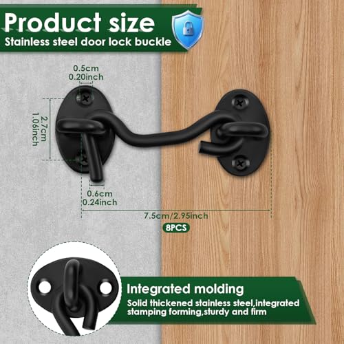 Image of 8 Pack Hook and Eye Latch 4 Inch, Stainless Steel Barn Door Lock with 32 Mounting Screws, Heavy Duty Privacy Gate Latch Hardware for Shed Window Cabinet Closet - Black
