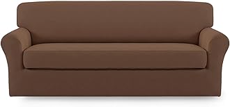 Easy-Going 2 Pieces Microfiber Stretch Sofa Slipcover – Spandex Soft Fitted Sofa Couch Cover, Washable Furniture Protector with Elastic Bottom Kids,Pet (Sofa, Brown)