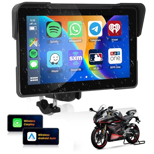 HD IPS Touch Screen Portable Wireless Apple Carplay Screen for Motorcycle&Wireless Android Auto GPS Navigation for Motorcycle,Car Play with Dual Bluetooth Waterproof,Siri,7Inch for Motorbike METEESER