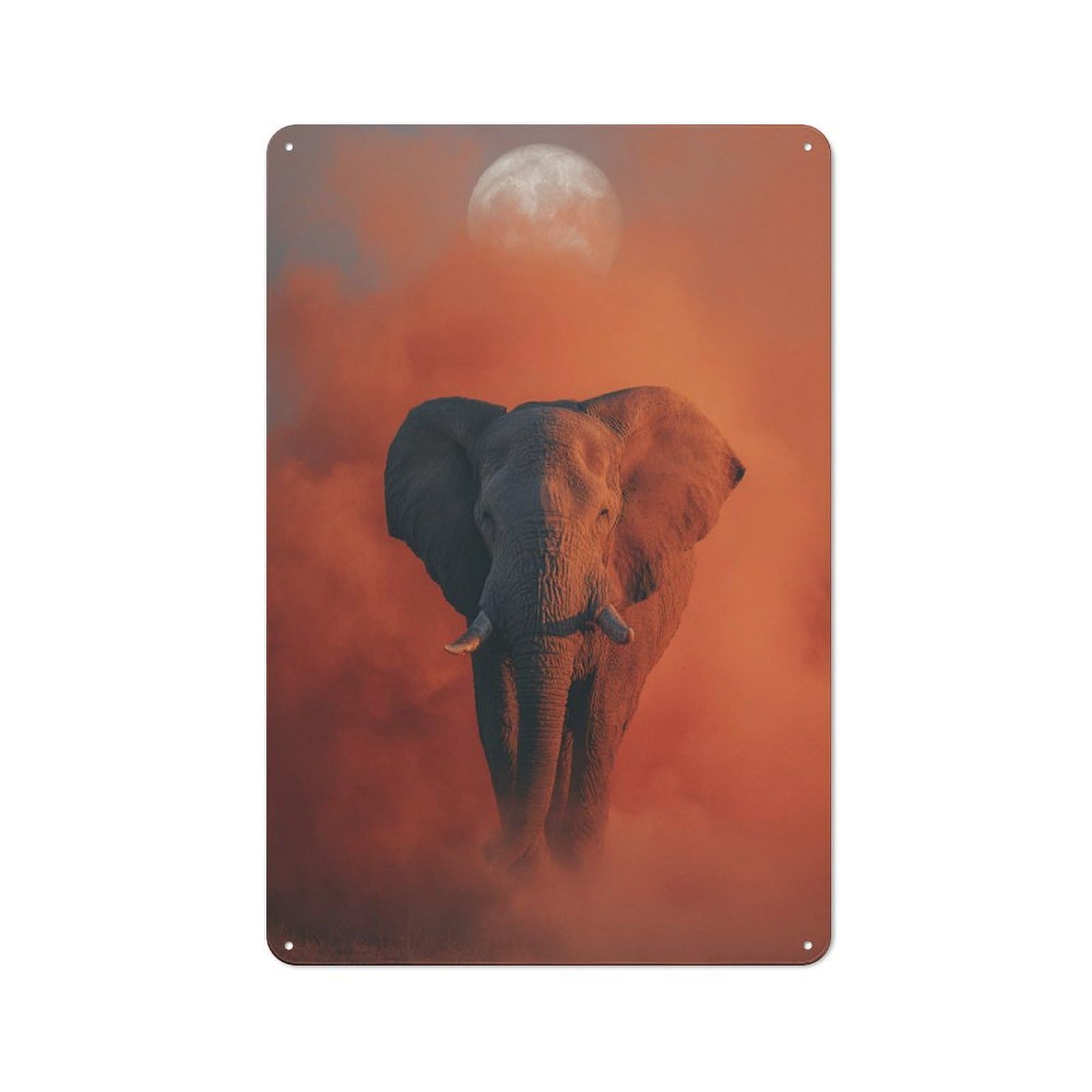 Junmoney Elephant Under The Moon In Orange Haze Tin Sign 30X20cm For Bar Or Restaurant, Retro Wall Decor, For Restaurant Interior Fans