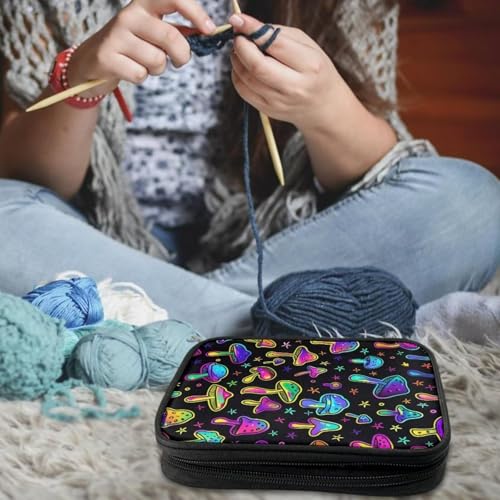 Image of Crochet Hook Case Colorful Mushroom Crochet Hook Holder Portable Crochet Hook Storage Bag with Web Pockets Suitable for Crochet Needles /Knitting Accessories