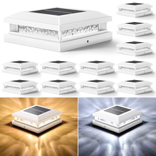 Solar Post Lights Outdoor 12-Pack, 2 Lighting Modes 16 LEDs Solar Post Cap Lights for 4x4 4.5x4.5 5x5 Vinyl Wooden Posts Waterproof, Fence Light Solar Powered for Deck Fence Yard Porch, White