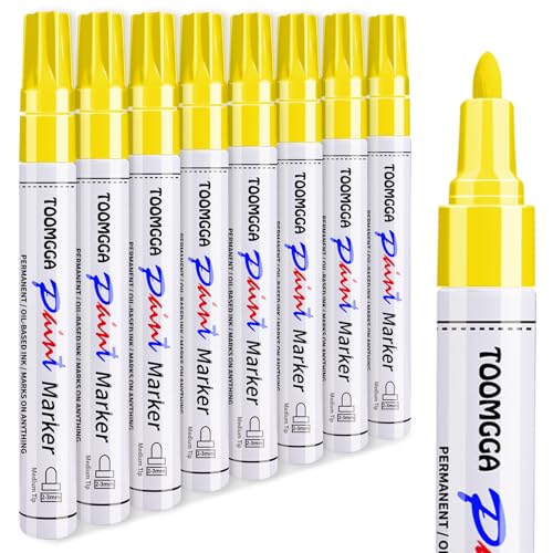 Yellow Permanent Paint Pens Paint Markers - 8 Pack Oil Based Markers, Quick Drying and Waterproof Marker Pen, Car Tire, Metal, Rock Painting, Wood, Ceramic, Plastic, Canvas, Mugs, Medium Tip