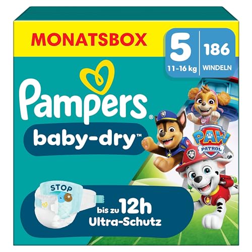 Pampers Baby-Dry Paw Patrol Edition Größe 5, 186 Windeln, 11kg-16kg, Bis zu 100% Auslaufsicher & Komfortable Nacht