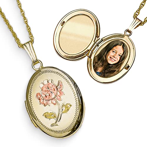 PicturesOnGold.com Personalized 14K Gold Filled Rose Oval Locket Custom Photo Necklace for Women and Men 3/4 Inch X 1 Inch