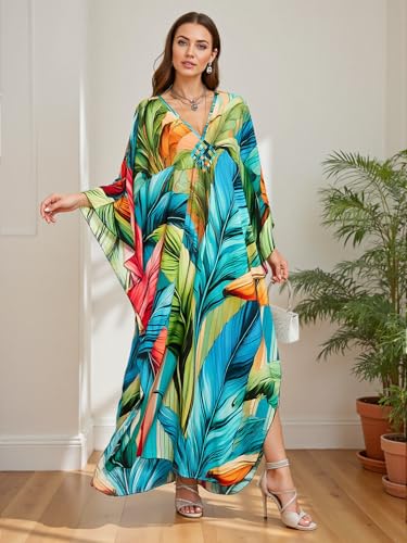 Image of IMAGEKOPE Women's Plus Size Animal Print V-Neck Batwing Kaftan Beach Dress Bathing Suit Cover-Up Loungewear
