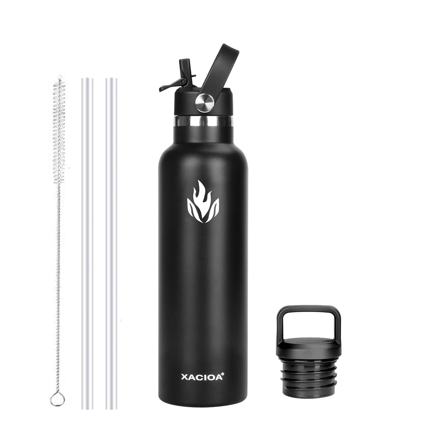 XACIOA Water Bottle Stainless Steel with Straw -for Hot/Cold Drinks 500/750/1000ml Vacuum Insulated Flask Leak Proof Drink Sport,BPA Free - with 2 Replacement Lid and Straw Brush