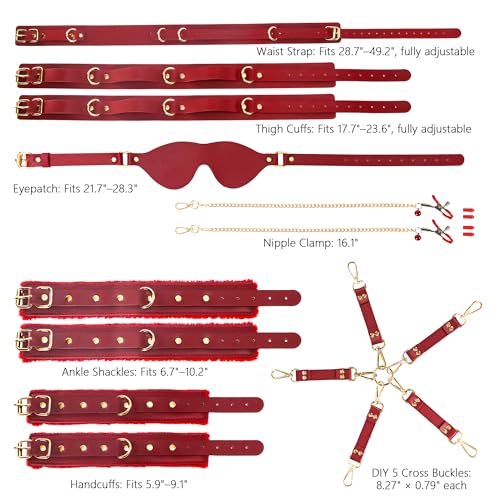 Image of Sex Bondage BDSM Kit 15PCS - Adjustable Bondage Restraints Set with Nipple Clamps, Handcuffs, Ankle & Thigh Cuffs, Waist Belt, Eyepatch, Cross Strap SM Games Adult Sex Toys for Couples Men Women