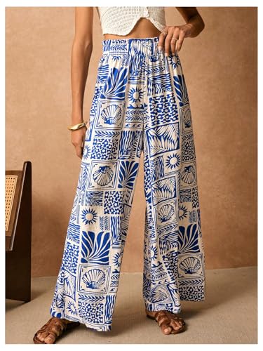 WDIRARA Women's Boho Tropical Graphic Palazzo Pants Elastic High Waisted Wide Leg Pants3