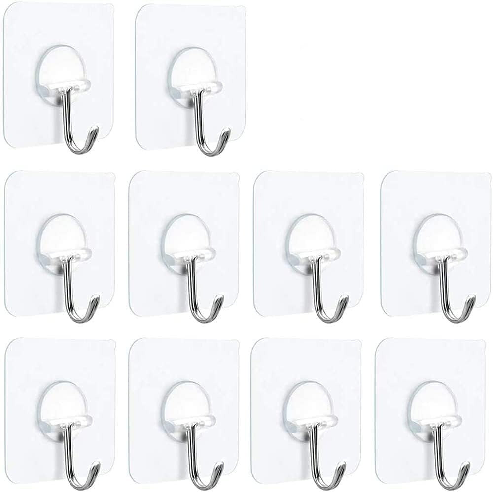 Adhesive Hooks Heavy Duty 15lbs(Max) Reusable Seamless Transparent Shower Stick on Hooks for Hanging Bathroom Kitchen Outdoors -10 Pack