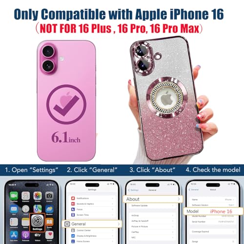 Image of Misscase for iPhone 16 Magnetic Glitter Case Compatible with MagSafe,Full Protection Slim Shockproof Anti-Scratch Case with Camera Lens Protector Logo View Dust-Proof Net for Women Pink