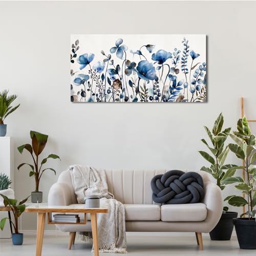 Image of VEAEE Floral Wall Art, Abstract Indigo Flowers Canvas Pictures, Living Room Wall Decor, Modern Landscape Painting, Botanical Grass Artwork for Bedroom Bathroom Kitchen Office Wall Decor 20 inchx 40 inch