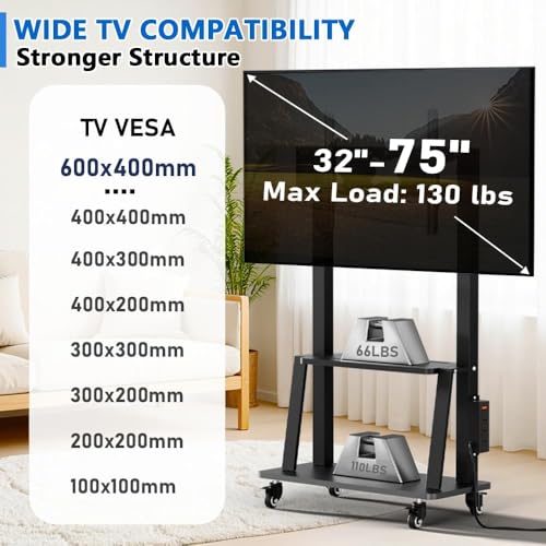Image of Mobile TV Cart with Power Outlet, Rolling TV Stand on Wheels for 32-75 inch Television, Mobile TV Stand Height Adjustable,15 Adjustable Viewing Angle,Max 130LBS, Vesa max 600x400