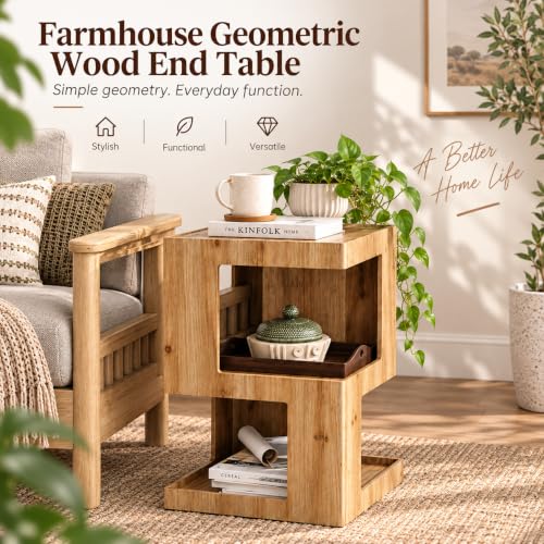 COZAYH Farmhouse Geometric Wood End Table, Distressed Accent Side Table with Two Storage Space, 3-Layer Cube Design for Bedroom, Living Room, Entryway. - Image 3
